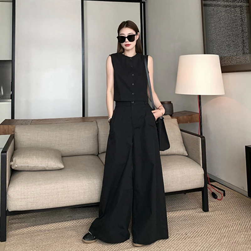 多巴胺夏日一整套拖地裤夏季新款御姐卡其气质棉麻高腰阔腿裤套装