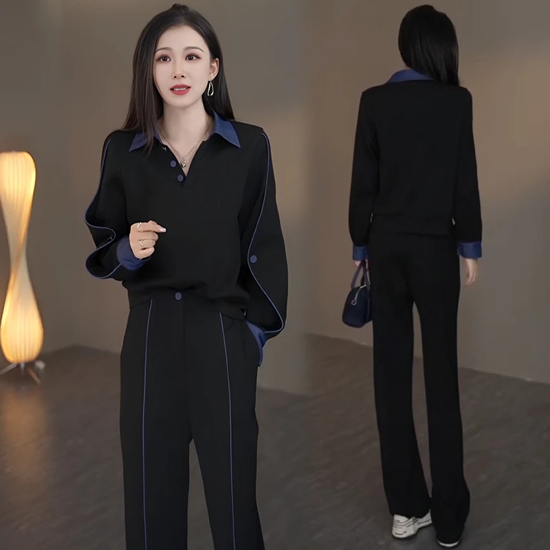 韩版气质牛仔休闲两件套女装显瘦新款减龄韩版黑色洋气女装套装