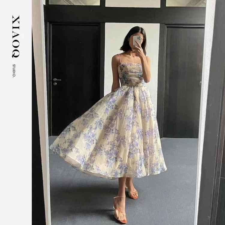 小Q家7928【蓝色风信子｜清冷疏离感印花抹胸吊带温柔公主裙】T