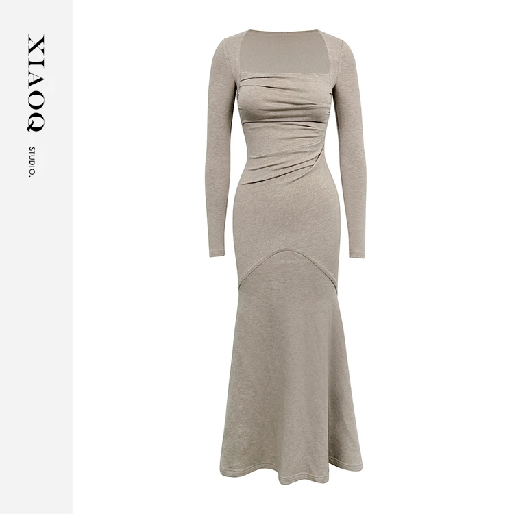 【小Q家】35265气质方领连衣裙高级感褶皱显瘦包臀鱼尾裙T