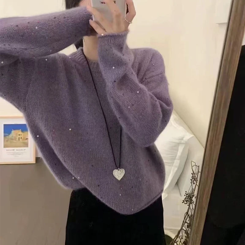 【绝绝紫～满天星】新款韩系设计感亮片针织套头毛衣 ZJC109