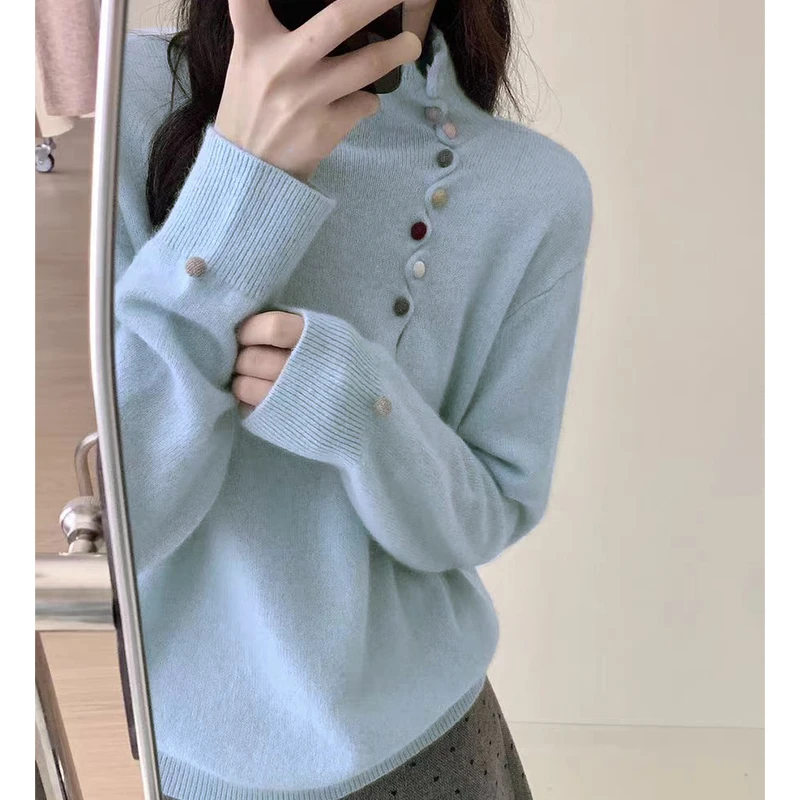 【蓝色彩扣毛衣】新款韩系彩色纽扣高领针织套头毛衣QJY6556