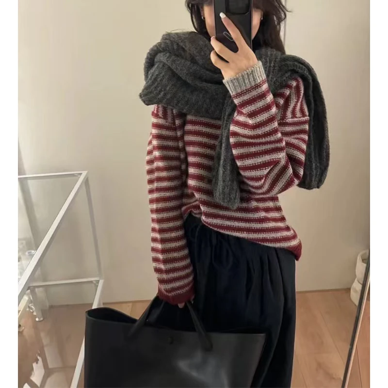 【复古红条纹】秋冬撞色条纹设计感百搭休闲针织毛衣TGP057
