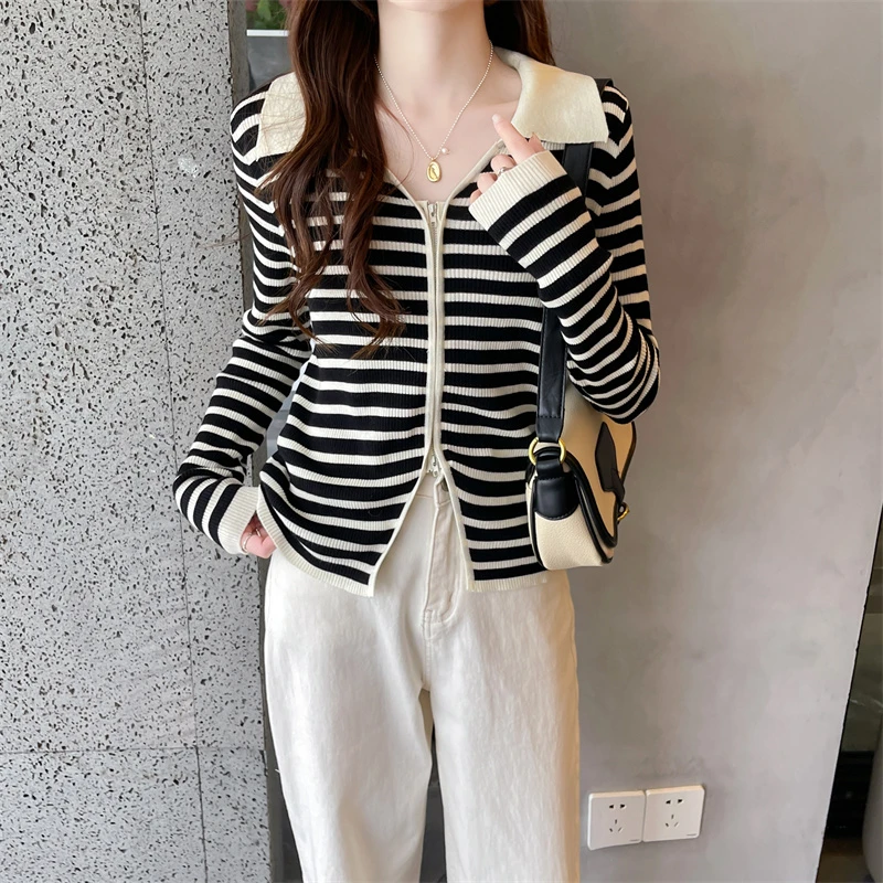 条纹Polo领双开拉链针织开衫女新款长袖气质时尚百搭小众上衣