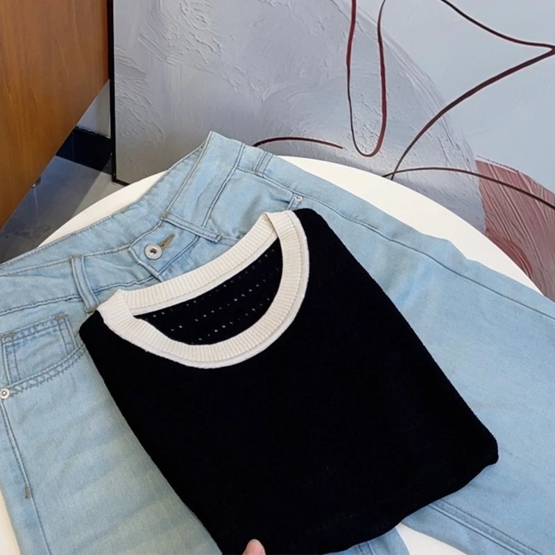 韩系百搭撞色减龄针织短袖上衣 CY169黑色