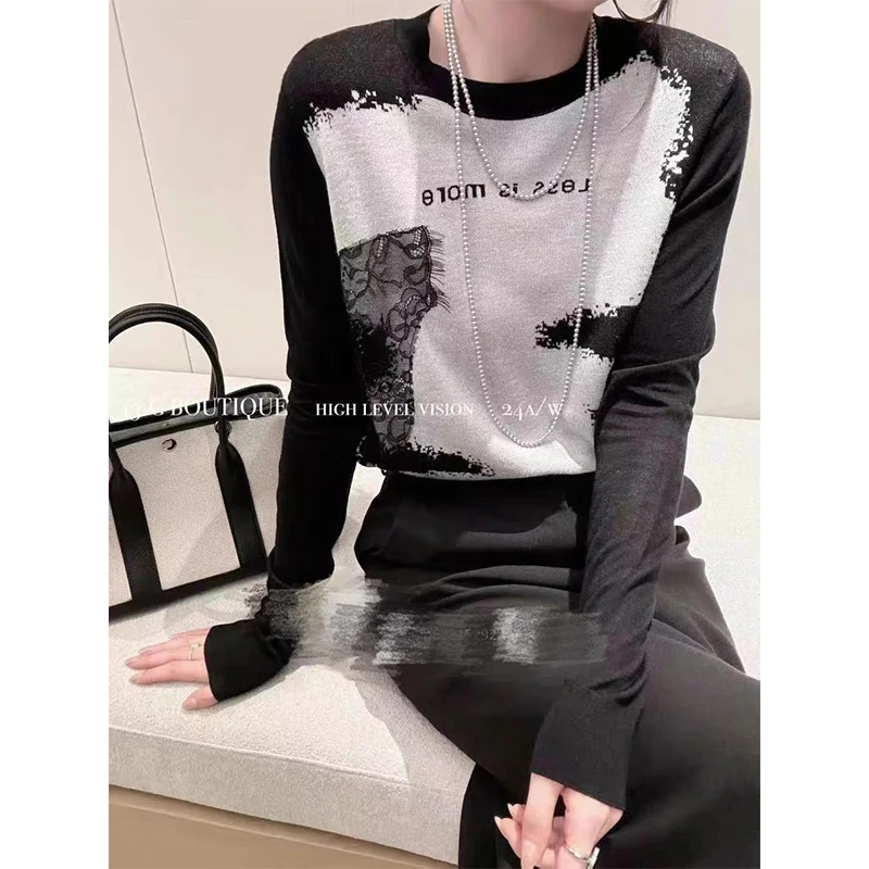 韩系百搭设计感撞色针织打底衫上衣