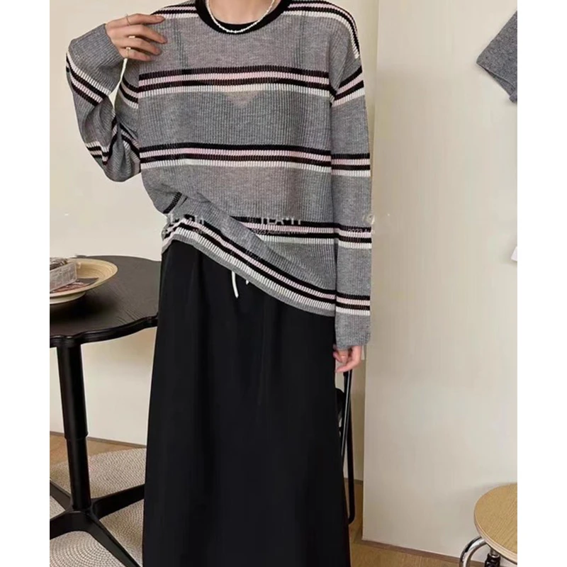 新款条纹圆领针织衫宽松休闲撞色长袖韩版百搭时尚毛衣上衣