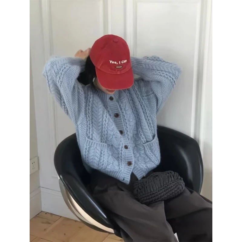 【Tiffany蓝麻花开衫】百搭慵懒风麻花减龄针织开衫毛衣 ZJC116