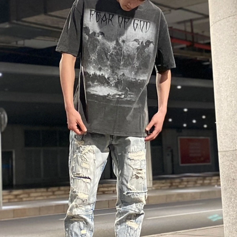 夏季高街FOG死神印花美式休闲街头嘻哈做旧宽松情侣短袖半袖t恤男