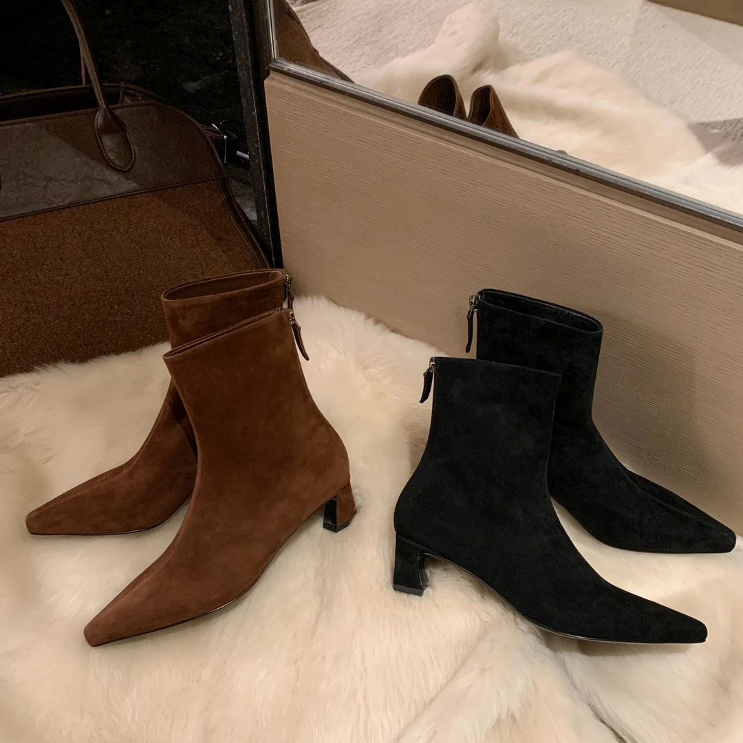 【sheii苏茵茵】气质姐姐~法式小猫跟方头后拉链短靴女裸靴E4406315