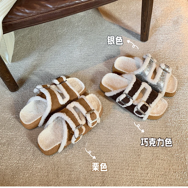 【sheii苏茵茵】富士雪山~双扣加绒厚底勃肯毛毛拖鞋女外穿E4311308