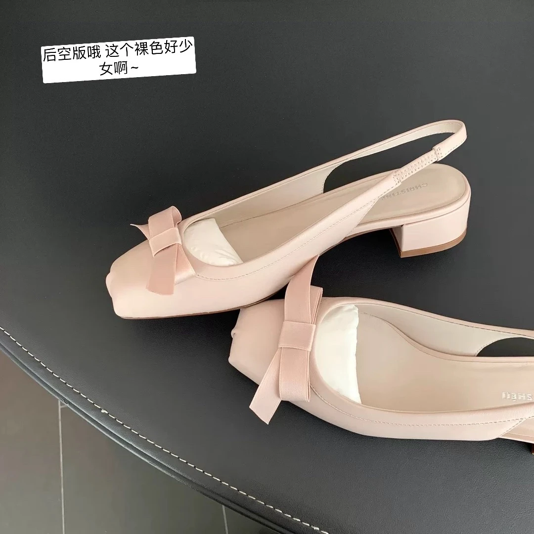 【sheii苏茵茵】红底少女~猪鼻子小羊皮粗跟蝴蝶结芭蕾单鞋女凉鞋