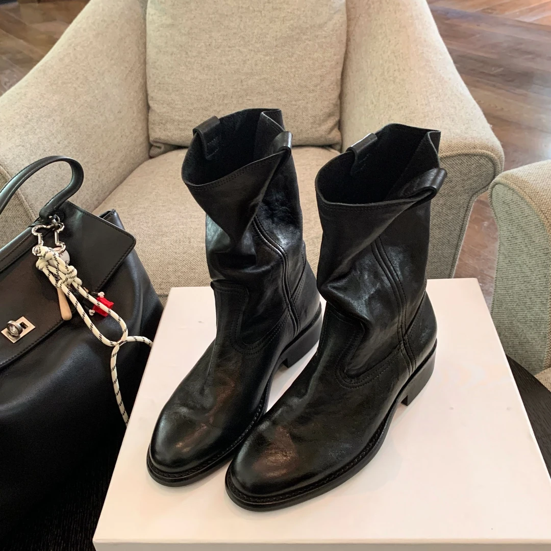 【sheii苏茵茵】伯克公路~圆头V口西部靴粗跟中高筒骑士靴E4315004