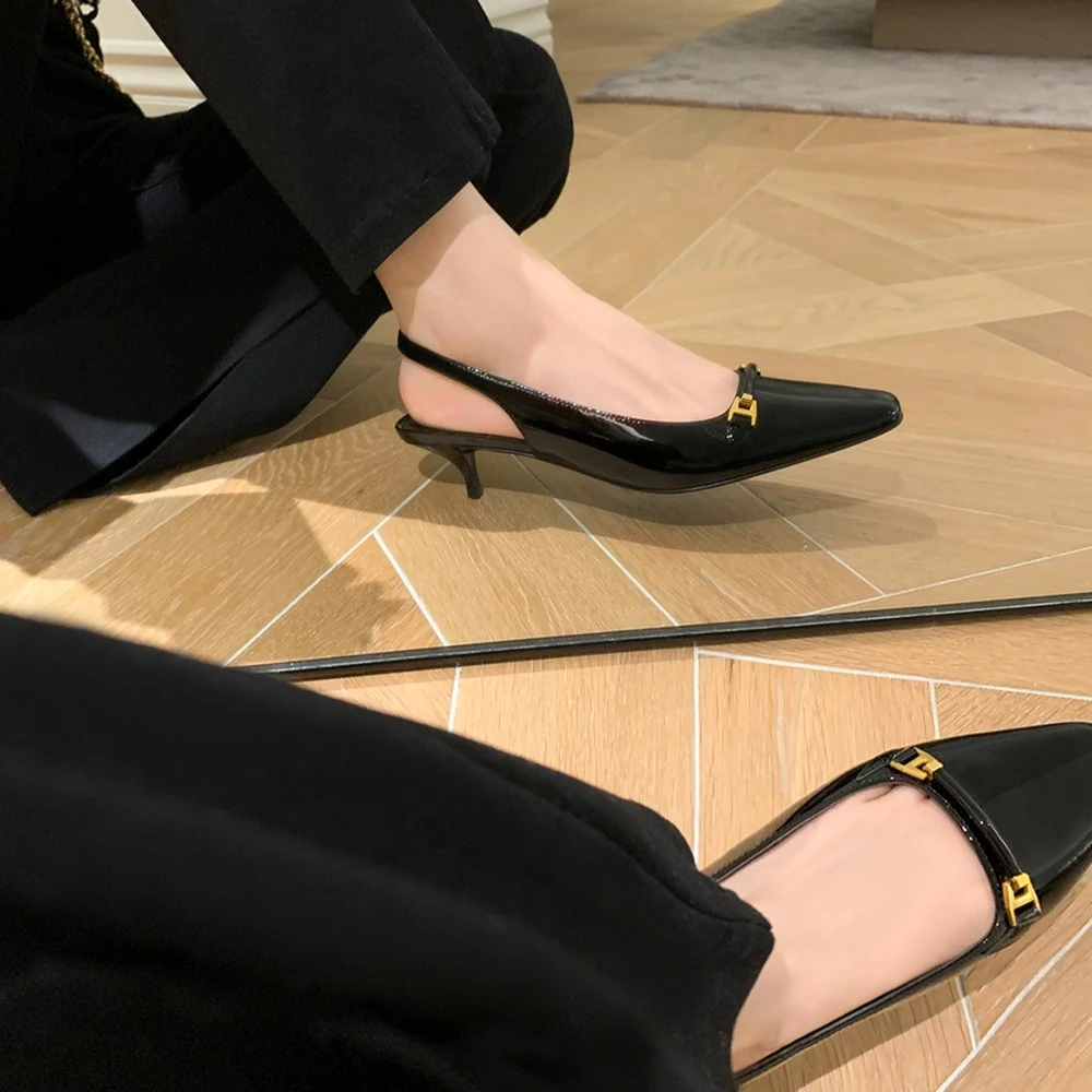 【Sheii苏茵茵】香榭女士~法式小金扣后空包头高跟凉鞋女ol通勤鞋