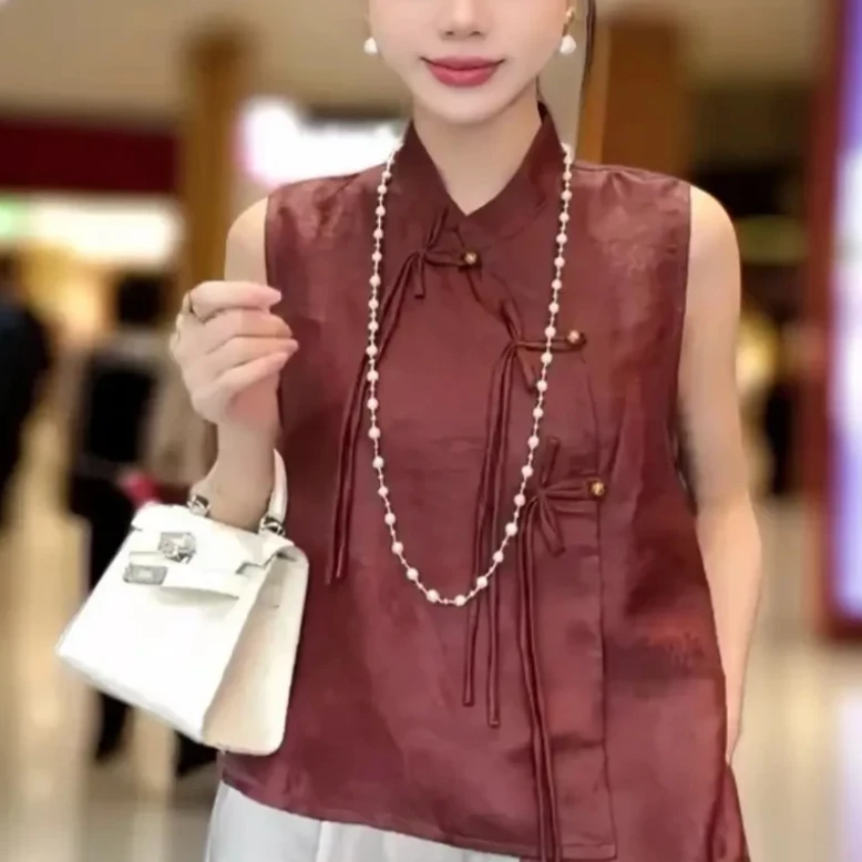 9986（旗开）盘扣国风新中式白色醋酸无袖背心衬衫女夏季气质上衣