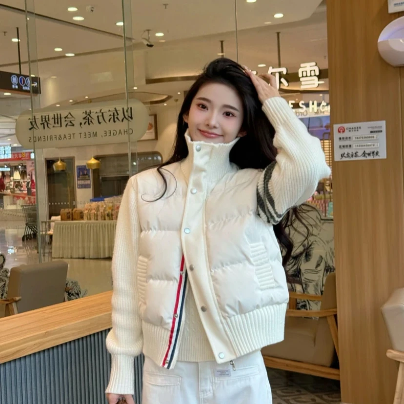 韩系短款棉服假两件针织拼接设计感小众外套