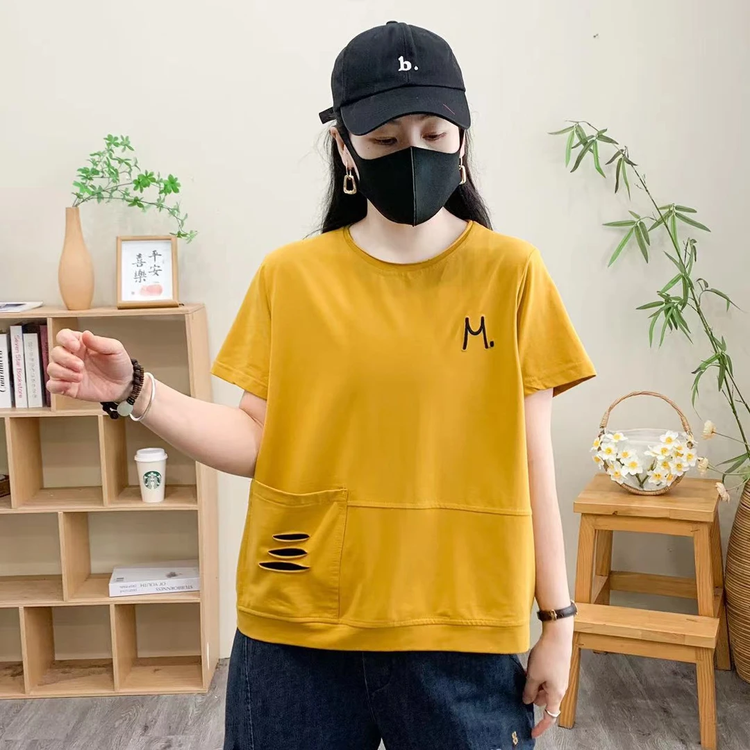 夏季新款刺绣半袖T恤圆领时尚显瘦洋气宽松遮肚百搭减龄妈妈装