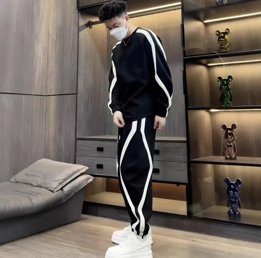 秋季新款条纹拼接休闲套装男士设计感宽松圆领卫衣运动卫裤两件套