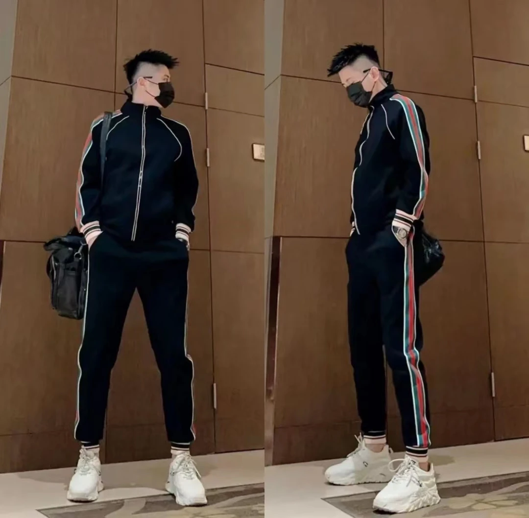 新款2025春秋款洋气百搭织带休闲时尚男士立领套装外套潮流全套