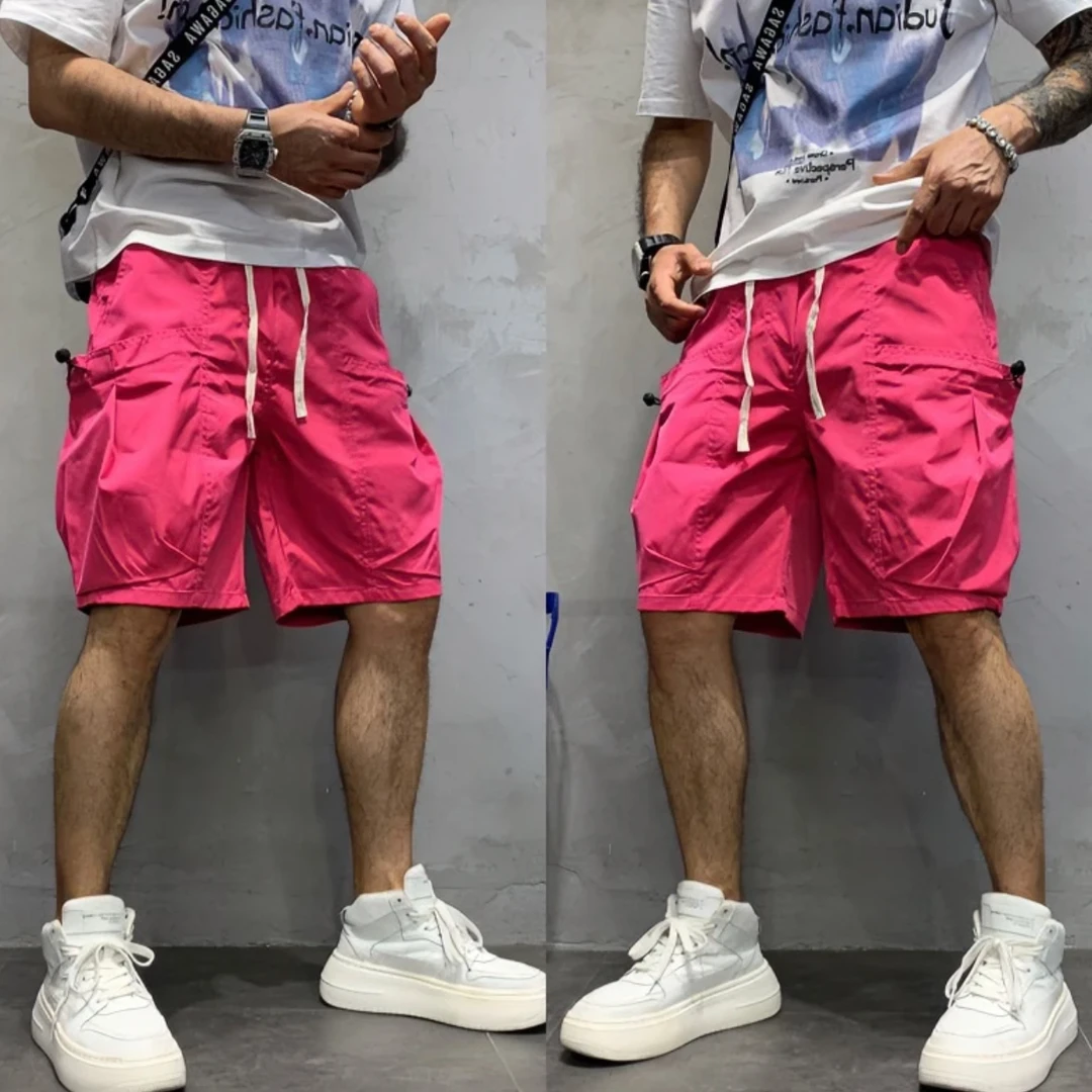 夏季糖果色大兜短裤潮牌痞帅工装五分裤美式高级感裤子粉色沙滩裤