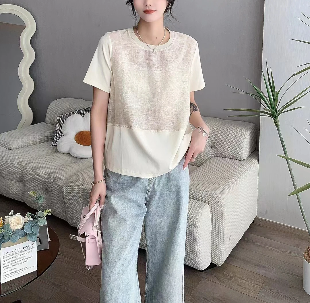 【蔓花林系列】绸纹T丝高定拼接上衣女短袖衬衫78392