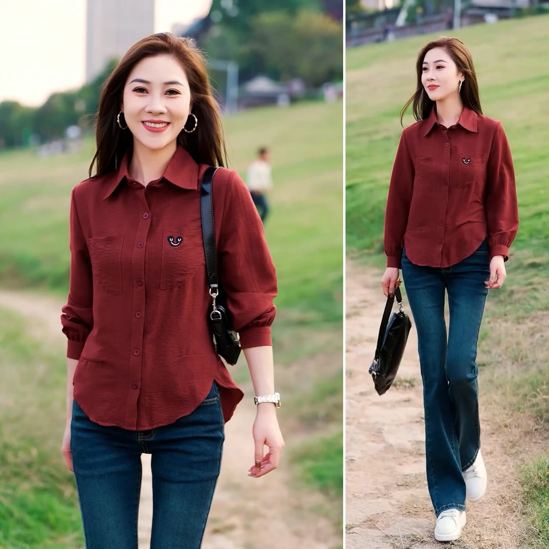 不褪色单排扣纯色显瘦笑脸衬衫长袖春秋洋气时尚