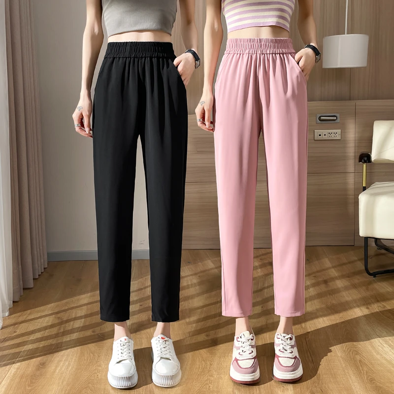 八分/九分冰丝裤女夏季薄款宽松西装裤休闲大码哈伦烟管裤小个子