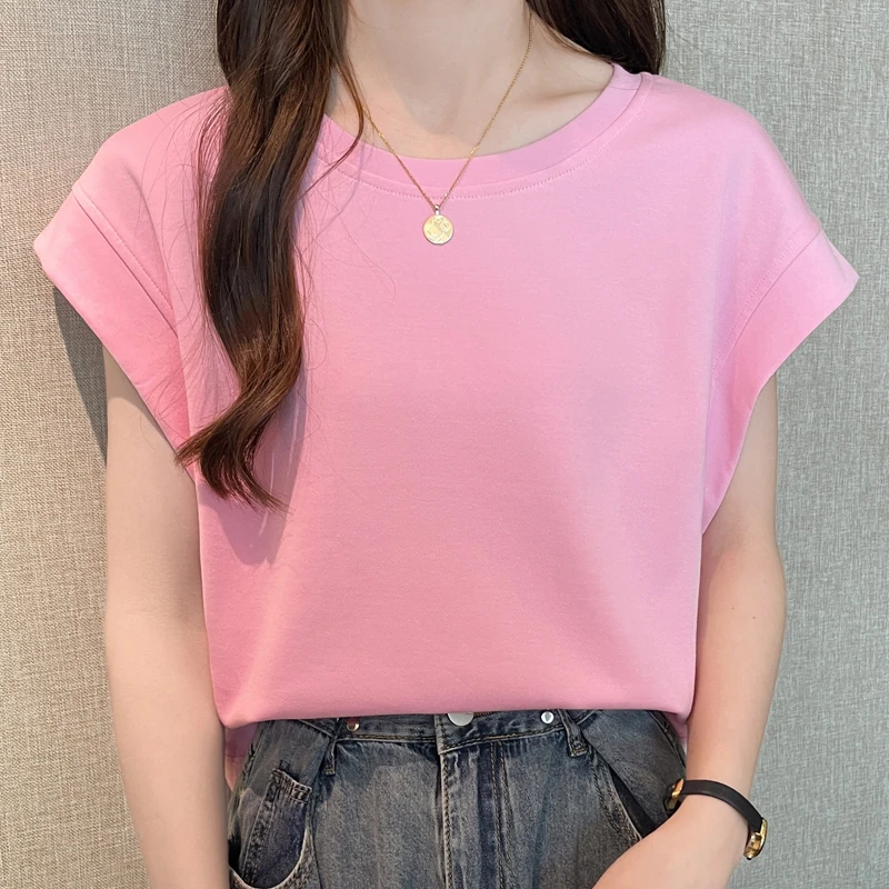 春夏季设计感清爽韩版百搭宽松休闲小飞袖纯色上衣圆领短袖t恤