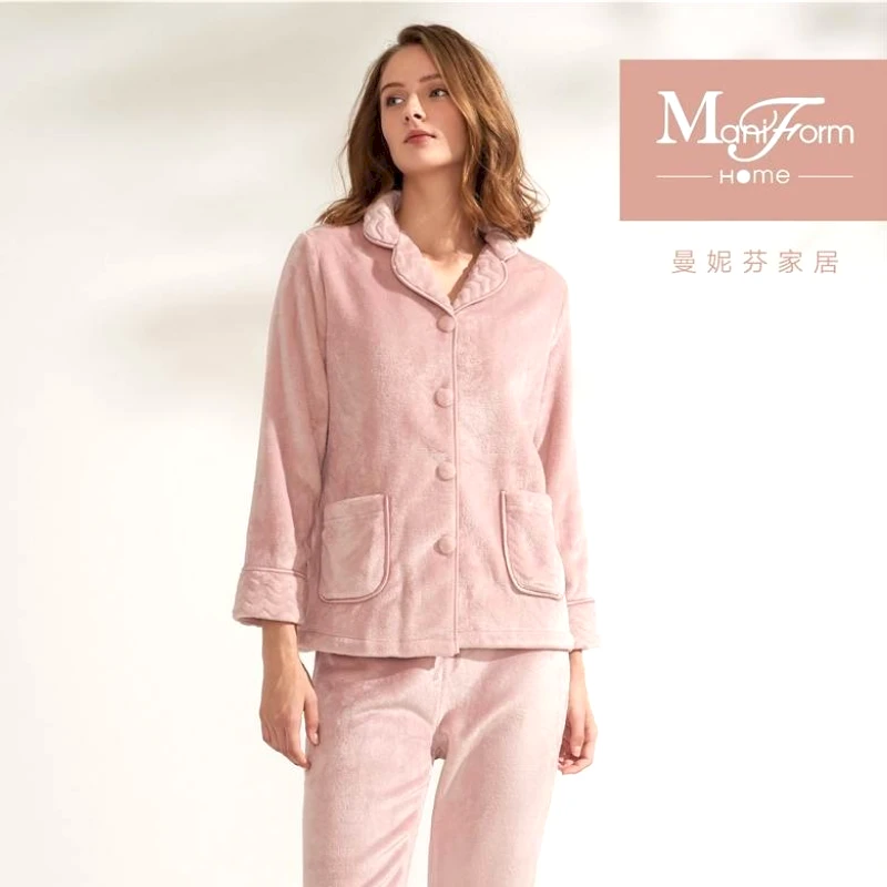 曼妮芬*法兰绒*简意暖冬女士翻领保暖长袖长裤加绒套装*20320509