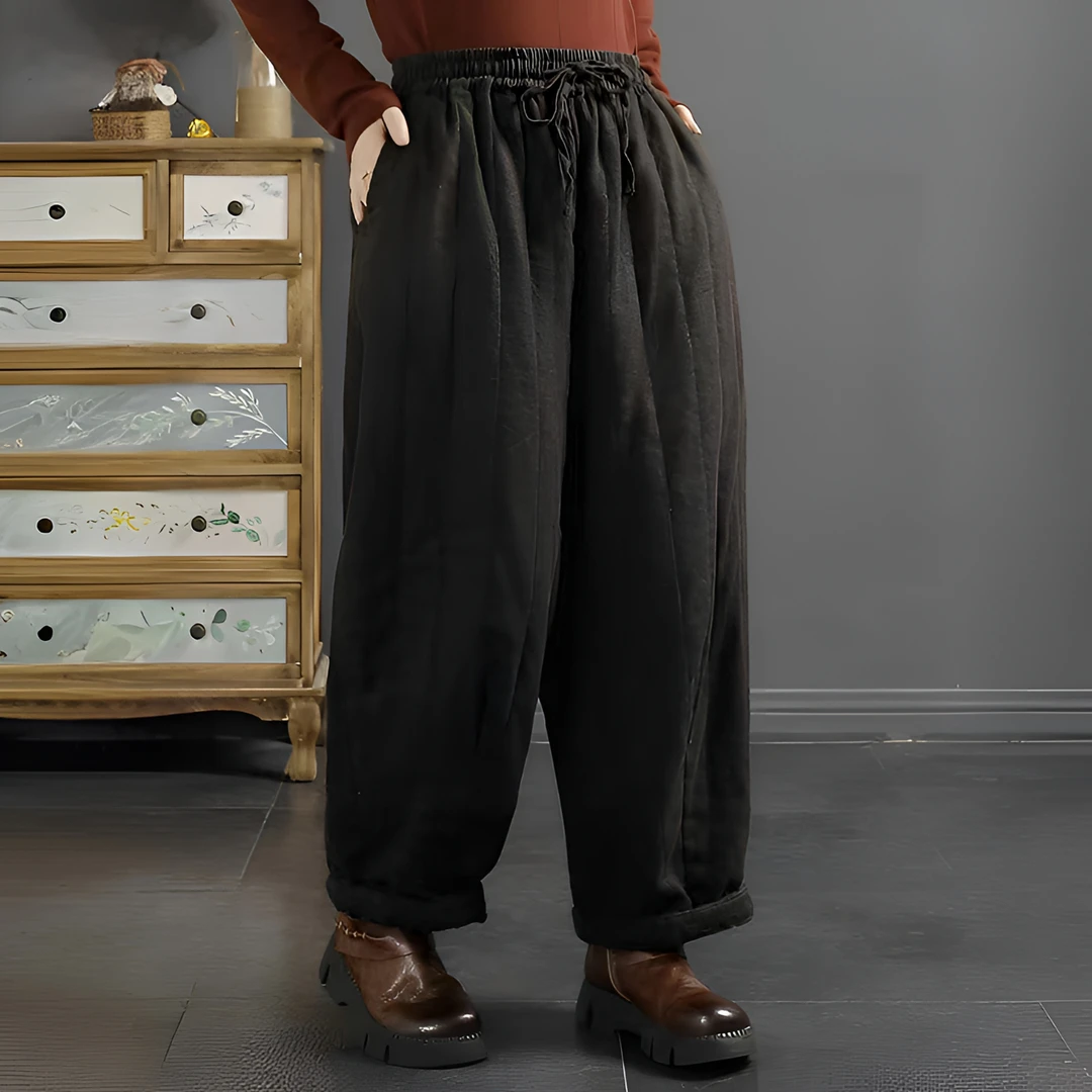 冬季新款砂洗亚麻棉裤加厚夹棉长裤宽松复古条纹松紧腰灯笼裤子