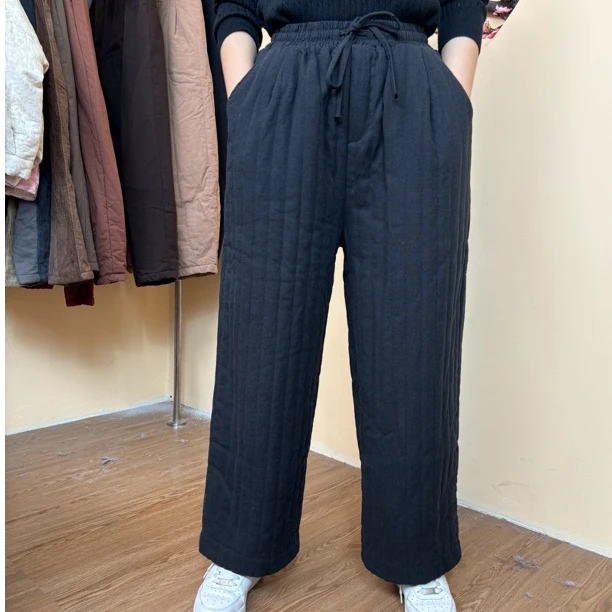 高端棉麻松紧腰系带加厚保暖休闲直筒棉裤冬季新款百搭宽松亚麻裤