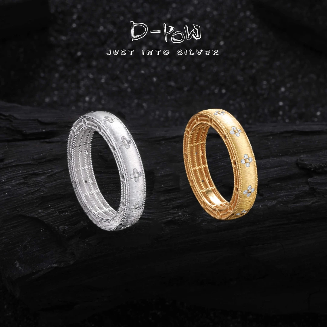 925银合成锆石戒指 古法拉丝四叶草钻戒指（8137）