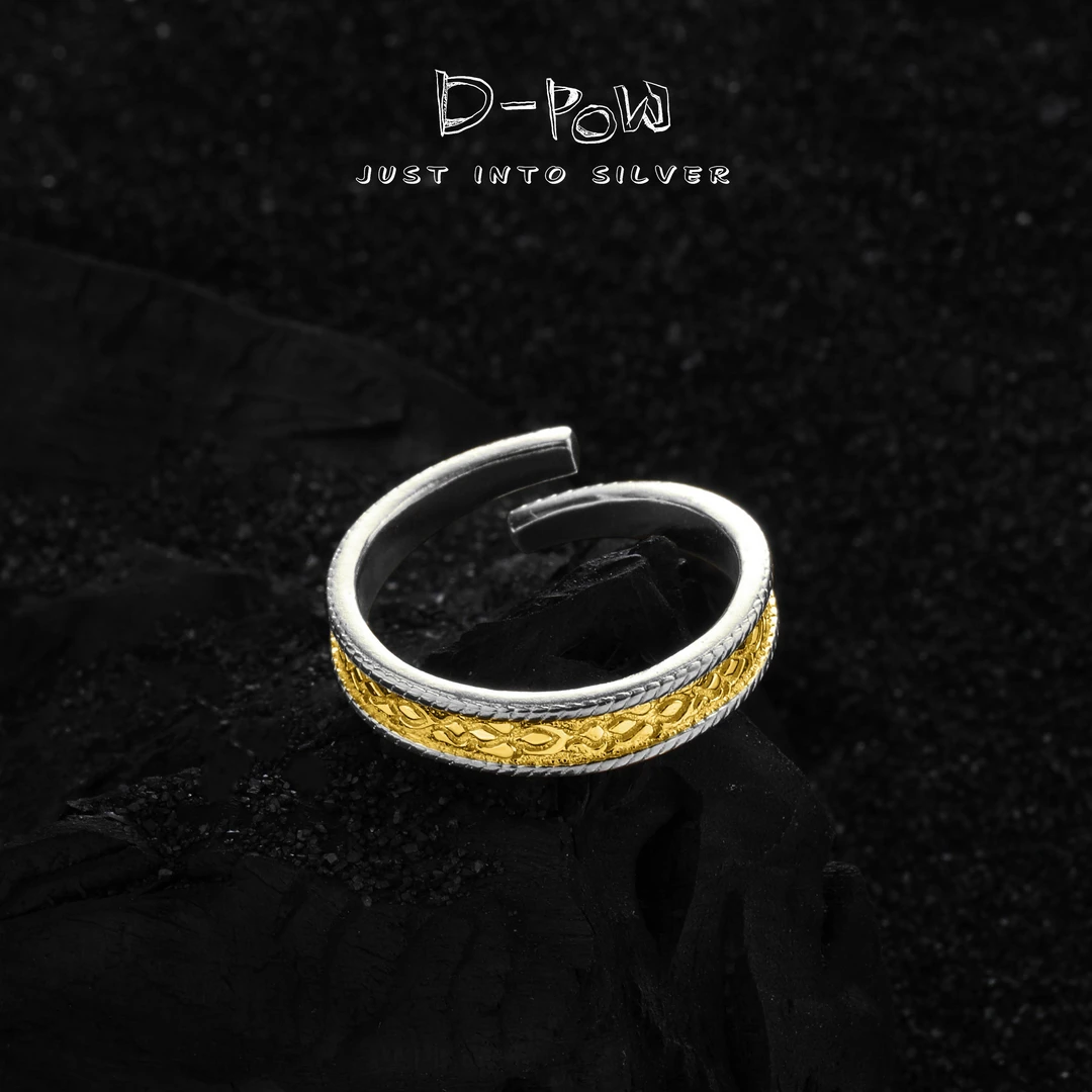 灯小炮 925银戒指 皮纹极简实心可调豆边戒指（5760）手工时尚气质