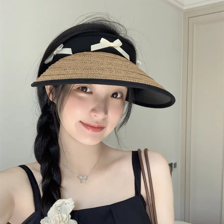 2024新款蝴蝶结防晒空顶帽韩版大帽檐黑胶户外骑车防紫外线遮阳帽