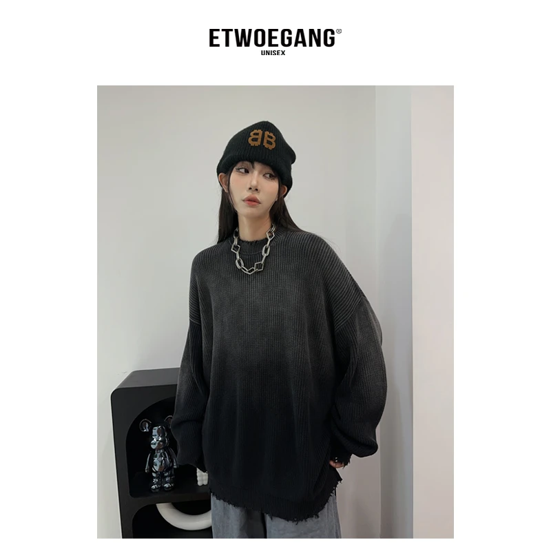 121【渐变磨破毛衣】秋季新款潮牌休闲慵懒破坏流苏宽松男女同款