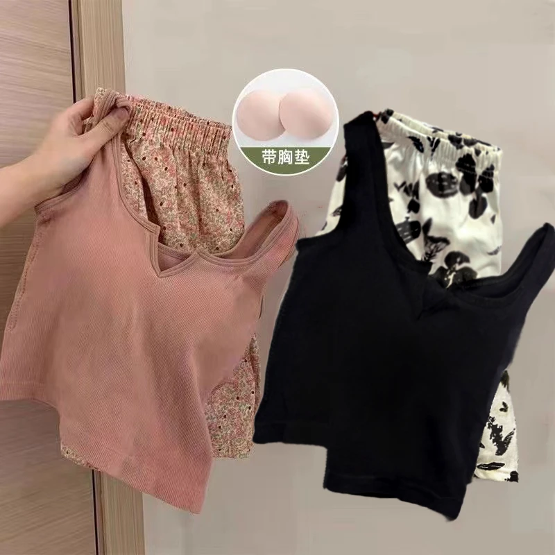 带胸垫网红风背心睡衣少女款夏季吊带一体式胸垫可外穿睡衣家居服