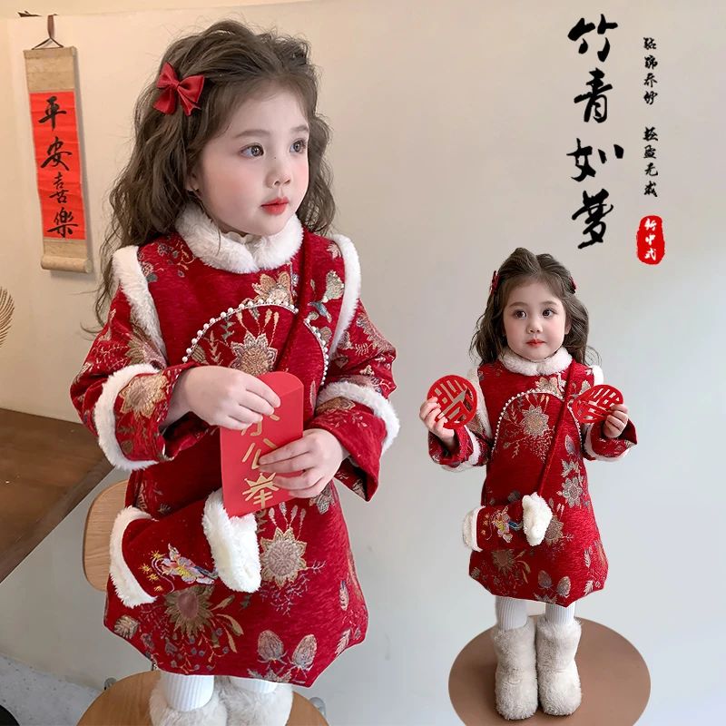女童洋气秋冬季夹棉汉服旗袍裙拜年服女宝宝加厚中国风新年装保暖