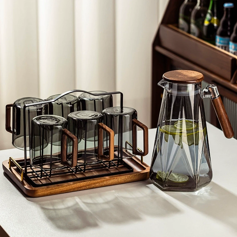 中式玻璃水杯水具套装家用客厅茶杯水壶耐高温待客收纳架泡茶专用