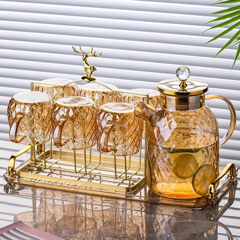 玻璃水杯套装家用大容量高颜值不锈钢盖水壶耐高温水瓶带把泡茶杯