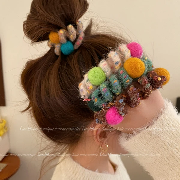 彩虹软糖~秋冬毛线电话线发圈可爱头绳2023新款高端橡皮筋女扎头