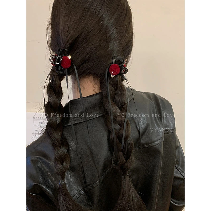 小香风玫瑰花绒布缎带发夹女高级感设计气质后脑勺盘发抓夹鲨鱼夹