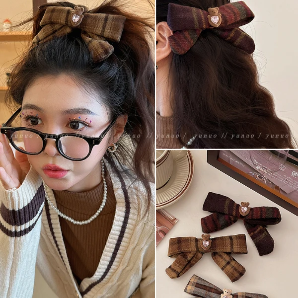 Ootd！秋冬布朗尼格纹蝴蝶结发夹女2023新款侧边鸭嘴夹子可爱发卡