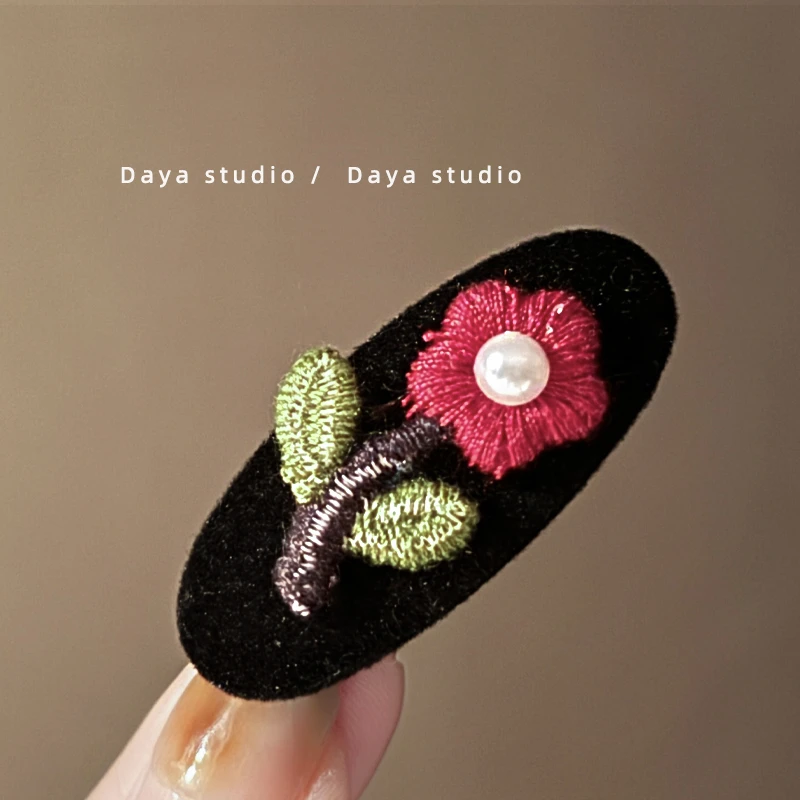 暗夜玫瑰 法式复古刺绣花朵发夹 轻奢高级感ins小众气质刘海边夹