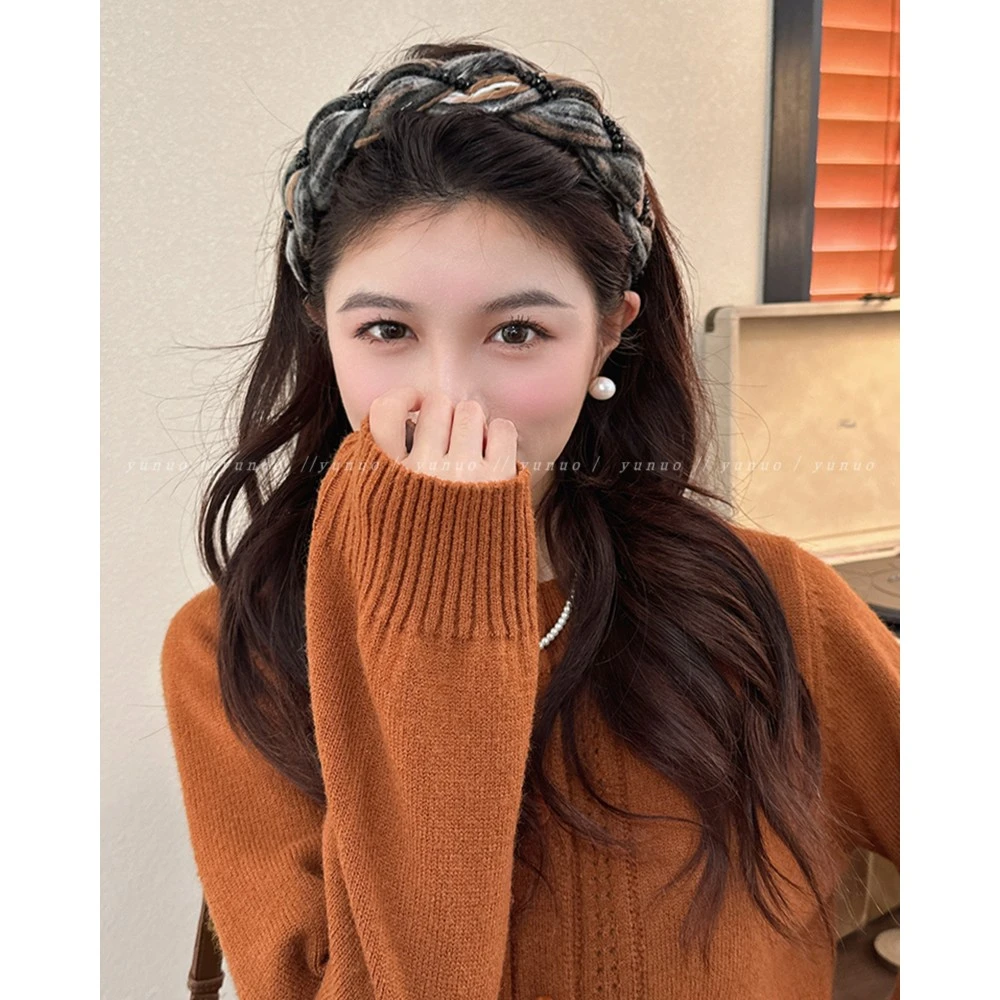 高级感气质麻花发卡发箍女2023新款秋冬宽边粗花呢头箍压发头饰品