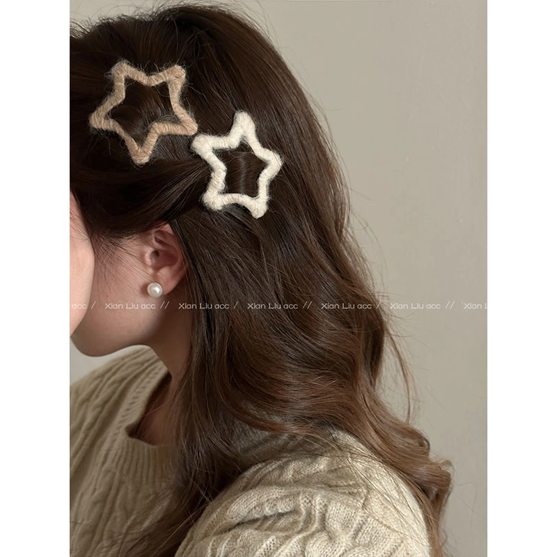 秋冬毛绒星星发夹边夹侧边刘海夹女前额毛毛BB夹2023新款夹子头饰