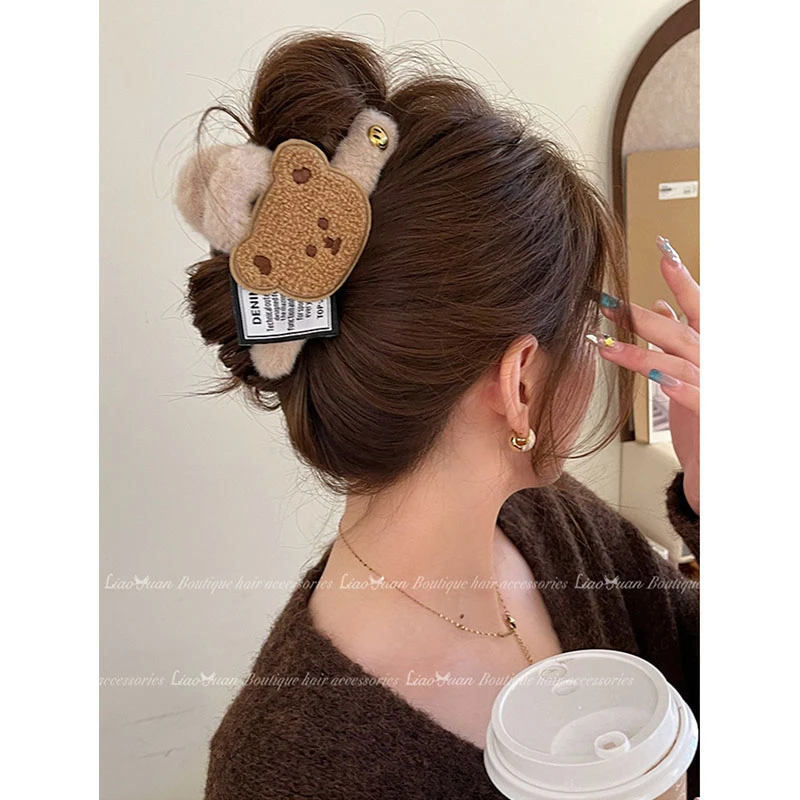 SOS可爱熊~秋冬毛绒抓夹大号韩国发夹女后脑勺高级感鲨鱼夹子头饰