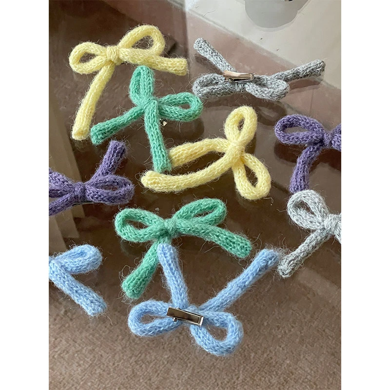 POXFFEE Acc/纯手工定制马海毛 毛线针织彩色蝴蝶结刘海夹 芭蕾风