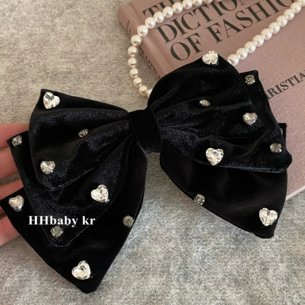 【HHBABY KR】black法式ins纯欲风 爱心水钻丝绒蝴蝶结发夹复古发卡