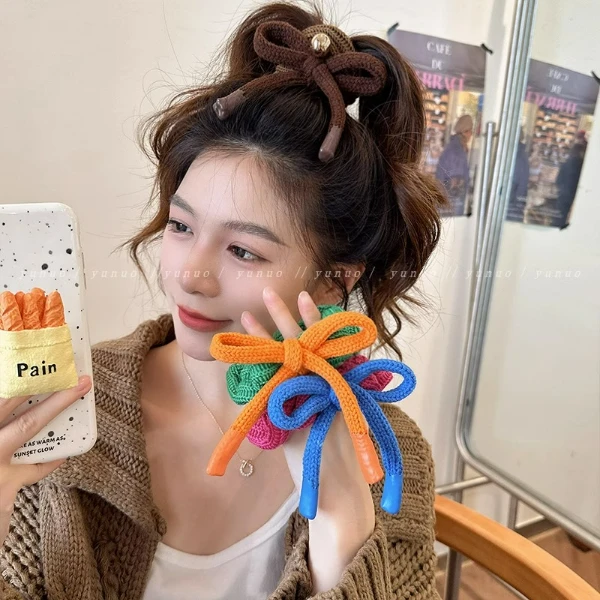 复古彩色蝴蝶结大针织肠发圈头绳2023新款皮筋女扎头发绳秋冬皮套