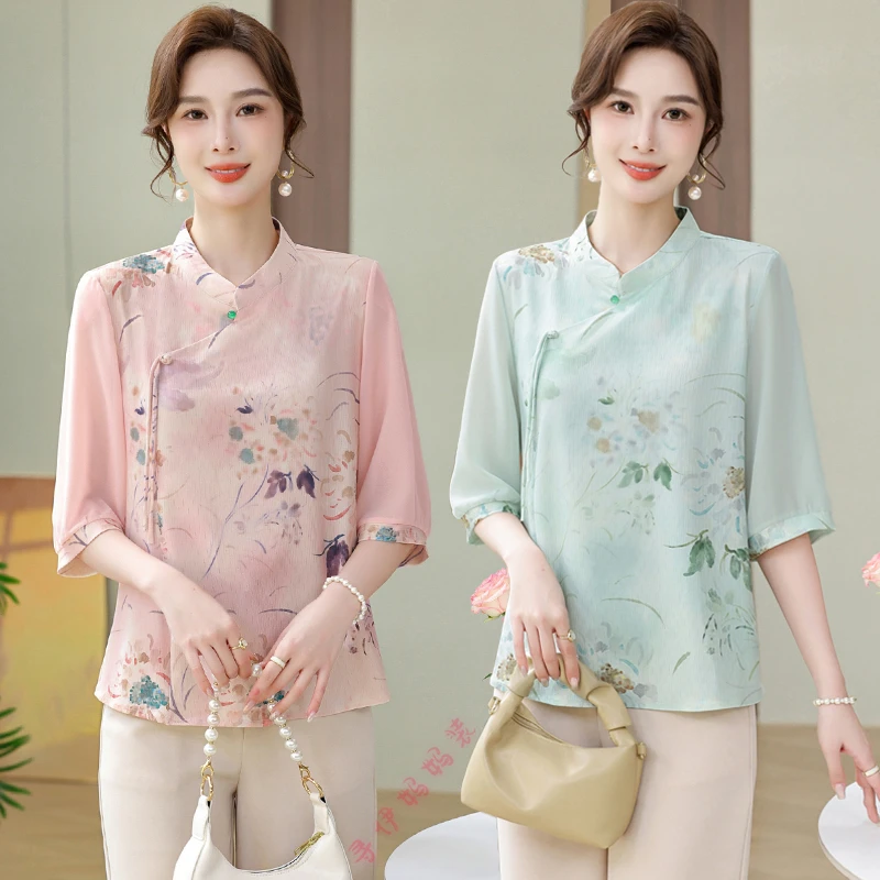 新中式国风时尚妈妈装洋气夏季宽松中老年女复古印花气质新款小衫
